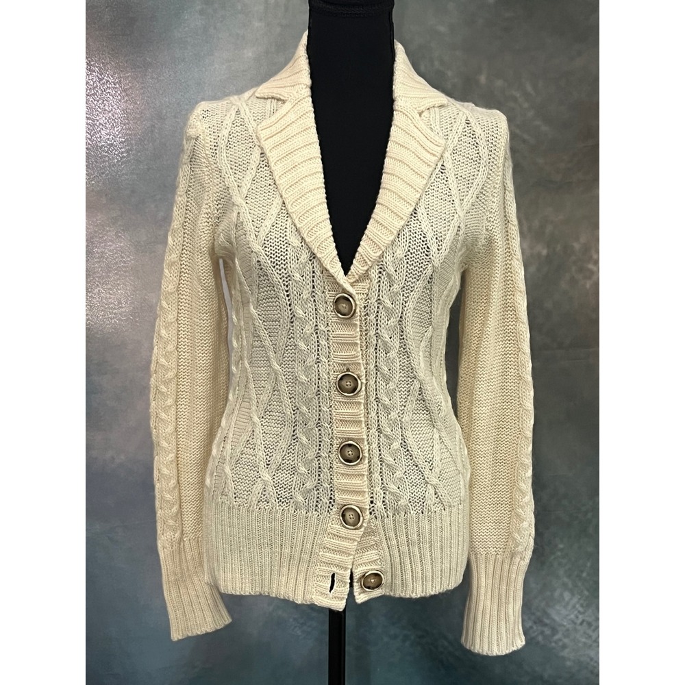 Banana Republic Womens Cream Cable Knit 100% Wool Button Shawl Collar Cardigan M